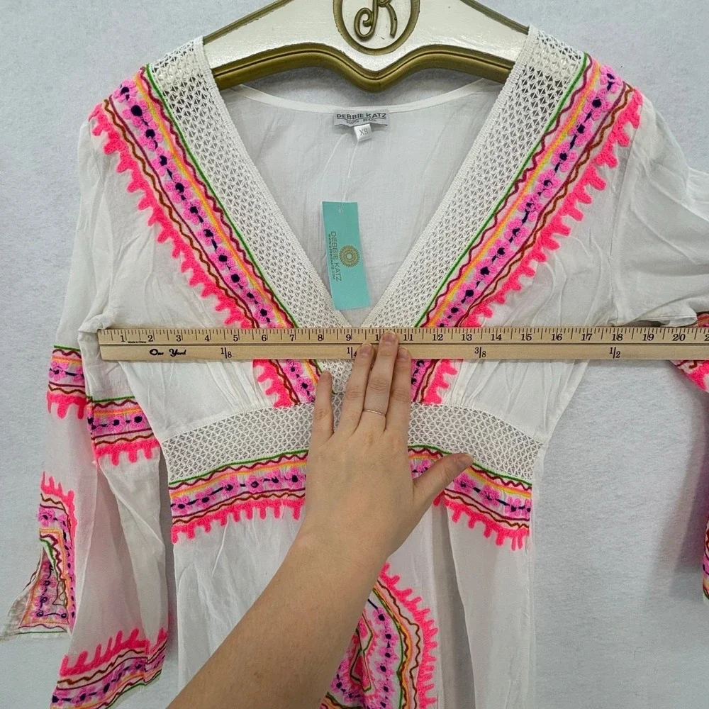 Debbie Katz Cover Up Mini Dress XS White Pink Summer Boho Beach Vacation - Picture 8 of 14